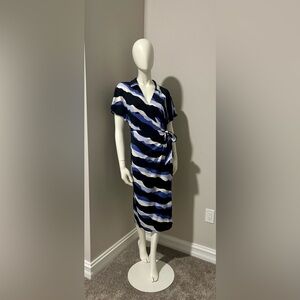 Nine West Blue and Black Striped Faux Wrap Dress